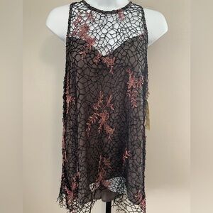 NWT Aratta Black Floral Crochet Overlay Tunic with Pink Embroidery